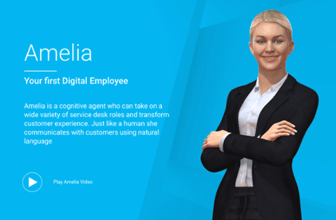 Advert for IPSoft's Amelia, with virtual blonde woman in suit with her arms crossed • Chatbots in B2B