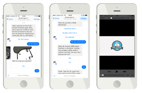 Three phone screens showing Earnest's use of a Chatbot service • Chatbots in B2B