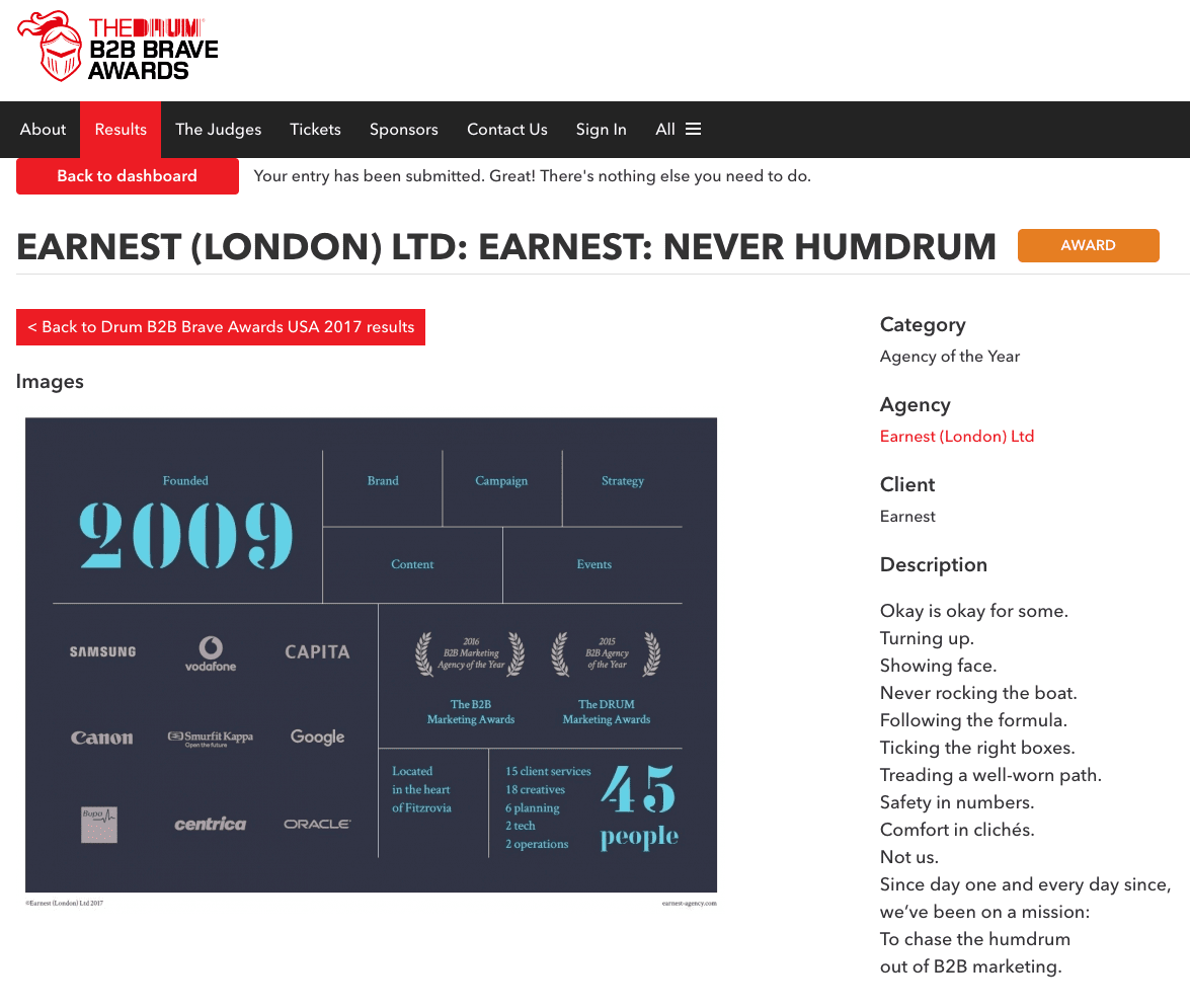 Screenshot from The Drum B2B Brave Awards website showing Earnest's winning Agency of the Year