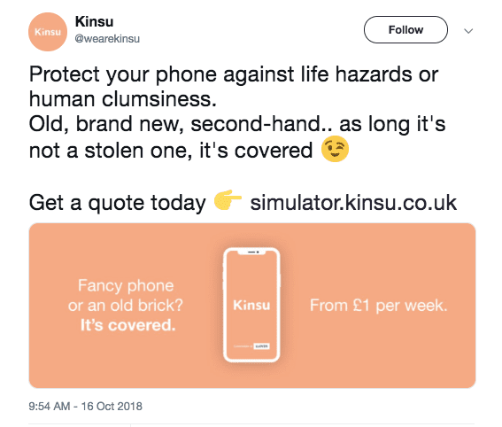 Screen shot of Kinsu online ad: Protect your phone against life hazards or human clumsiness. Old, brand new, second-hand.. as long as it's not a stolen one, it's covered