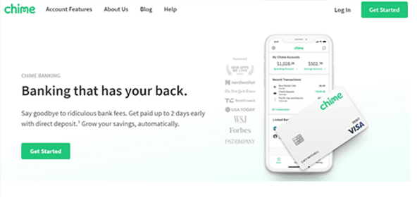 Screen shot of Chime banking website