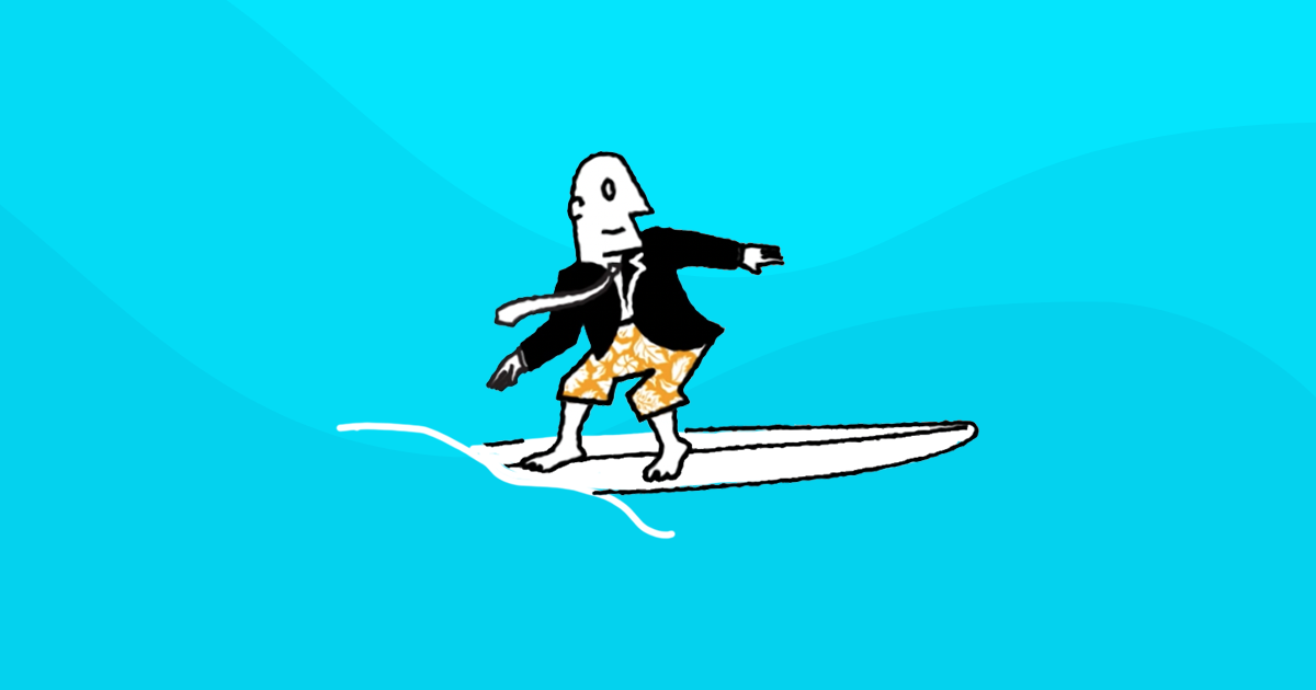 Earnest Rides the Wave illustration of character on a surfboard