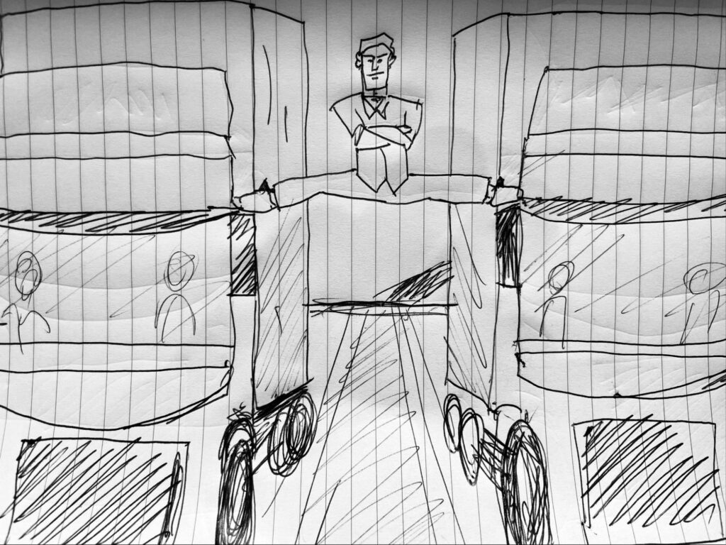 Biro pen drawing on lined paper of the commercial that shows Jean Claude Van-Damme doing the splits between two trucks. 